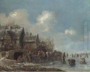 A Winter Landscape With Villagers On A Frozen Lake