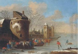 A Winter Landscape With Figures On A Frozen Lake, A Walled Townbeyond by Thomas Heeremans