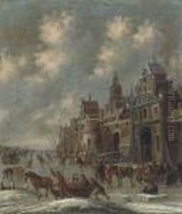A Winter Landscape With Skaters By A Walled Town by Thomas Heeremans