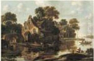 Paysage D'estuaire Dans La Campagne Hollandaise Anime De Paysans Dans Des Barques by Thomas Heeremans