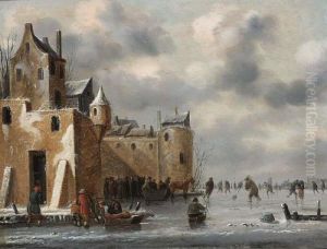 A Winter Landscape With Skaters And A Horse-drawn Sleigh Near Town Walls by Thomas Heeremans