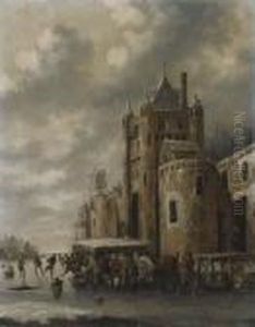 A Winter Landscape With Townsfolk Skating And Sledging On A Frozenriver Before A Castle by Thomas Heeremans