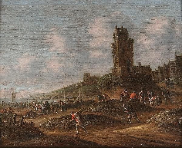 Fishermen Inspecting Their Catch With Figures On A Path And A Village Beyond - view 1