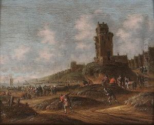Fishermen Inspecting Their Catch With Figures On A Path And A Village Beyond