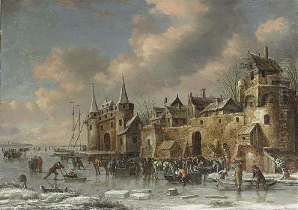 A Winter Landscape With Skaters On A Frozen River Outside A Fortified City Wall - view 1