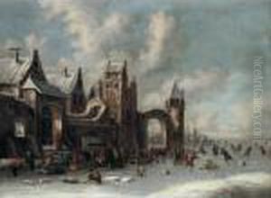 A Winter Landscape With Figures Skating On A Frozen River By A Town by Thomas Heeremans