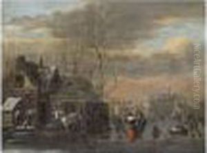 A Winter Landscape With Figures Skating On A Frozen Moat