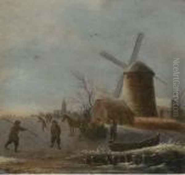 A Winter River Landscape With Skaters On The Ice By Awindmill - view 1