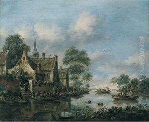 A River Landscape With Many
Figures In Small Boats And On The Bank Near An Inn, A Game Of ``pulling
The Goose' Beyond by Thomas Heeremans