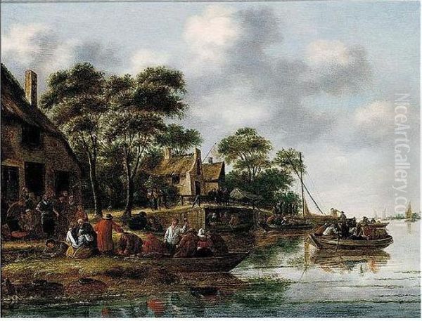 River Scene With Figures In Ferries, Others Gathered Before A Tavern - view 1