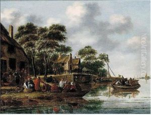 River Scene With Figures In Ferries, Others Gathered Before A Tavern