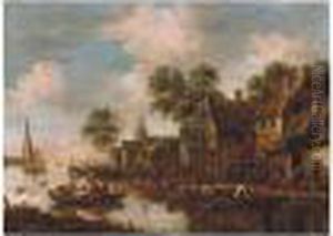 River Scene With Peasants Carousing Before A Tavern by Thomas Heeremans