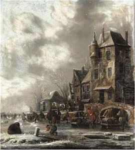 A Winter Scene With Figures Skating On A Frozen River Before Houses by Thomas Heeremans