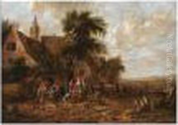 A Village Scene With Figures Smoking And Drinking Outside An Inn And A - view 1