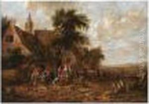 A Village Scene With Figures Smoking And Drinking Outside An Inn And A by Thomas Heeremans