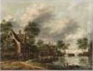 A River Landscape With A Village Kermesse And 'ganzentrekken' A River Landscape With A Village Kermesse And 'ganzentrekken'