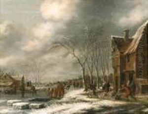 A Winter Landscape With Villagers On A Frozen Waterway by Thomas Heeremans