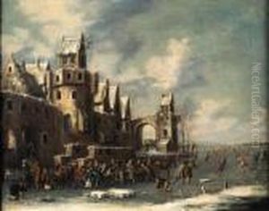 A Winter Landscape, With Skaters And Horse-drawn Sledges Beneaththe Walls Of A Town