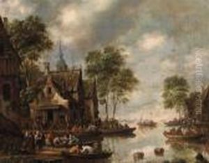Figures Before The Swan Inn On The Banks Of A River