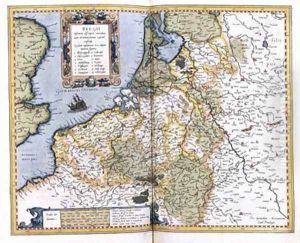 Map of Belgium pages 296-297 of Atlas sive Cosmographicae meditationes de fabrica mundi et fabricati figura by Gerard Mercator