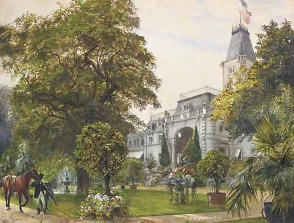 A large house with a blooming garden, a rider with a horse in the foreground - view 1