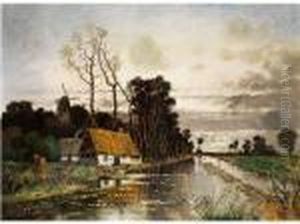 Moorlandschaft Mit Bauernkaten An Einem Uberfluteten Kanal by Karl Heffner