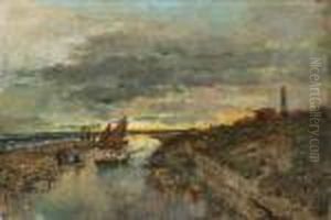 Abend Bei Cuxhaven. Kuste Mit Leuchtturm Und Fischerbooten
