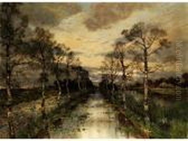 Herbstliche Flachlandschaft Mit 
Einem Kanal, Von Birken Gesaumt, Unter Regnerischem Wolkenhimmel - view 1