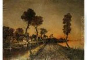 Abendliche Landschaft Mit Deichweg Und Strohgedeckten Bauernhausern