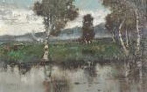 Moorlandschaft Mit Birken Und Aufsteigendem Nebel by Karl Heffner