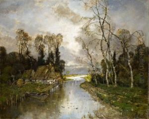 Flusslandschaft Mit Strohgedeckten Fischerkaten