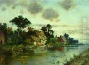 Flusslandschaft Mit Reetgedeckten Hausern.