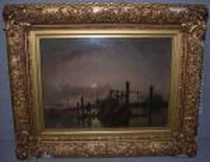 Description
Attributed To Karl Heffner Figures Sorting Nets On A Pontoon By Moonlight by Karl Heffner