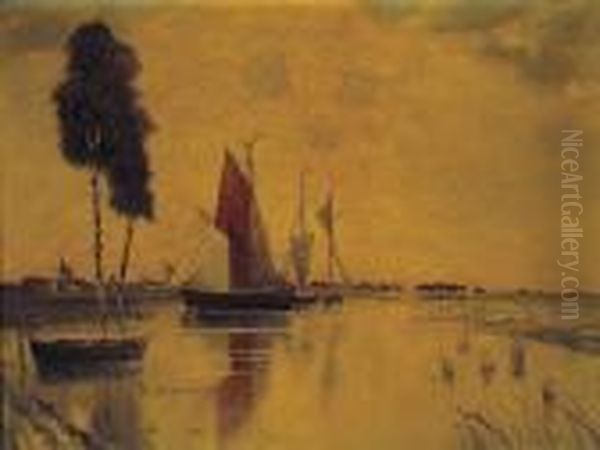 Sailboats On The Water With A Town And Windmill Beyond - view 1