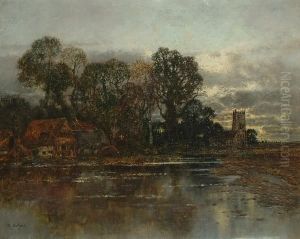 A View To Cottages And A Church Across A River
