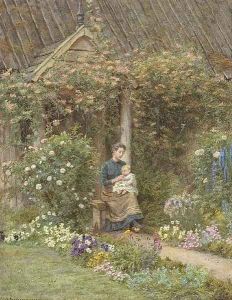 A mother feeding her infant at the cottage door by Edith Martineau