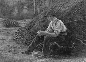 A Woodcutter sitting on a Log eating Lunch by Edith Martineau