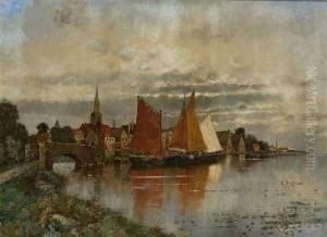 Fischerboote Im Hafen Einer
 Niederlandischen Stadt. by Karl Heffner
