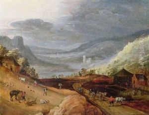 Rural Landscape with a Farmer Bridling Horses a Ploughman a Sower and a Drover driving Cattle by Josse de Momper