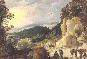 A Mountain Landscape with a Waterfall and Travellers at a Ford by Josse de Momper