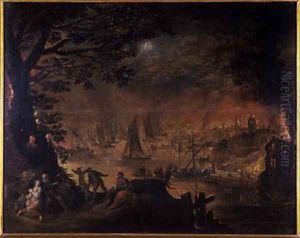 Burning town by the sea by Josse de Momper