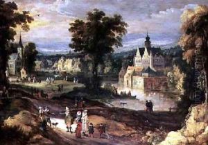 Figures in a landscape with village and castle beyond