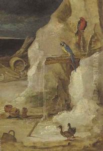 A rocky landscape with parrots and ducks by Josse de Momper