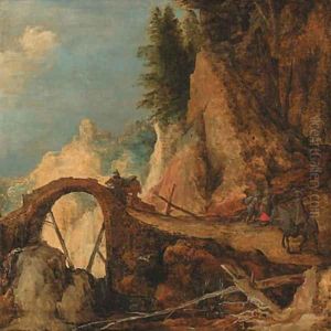 A mountain landscape with travellers on a path approaching a bridge over a gorge - a fragment by Josse de Momper