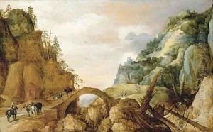 A mountainous landscape with horsemen and travellers crossing a bridge by Josse de Momper