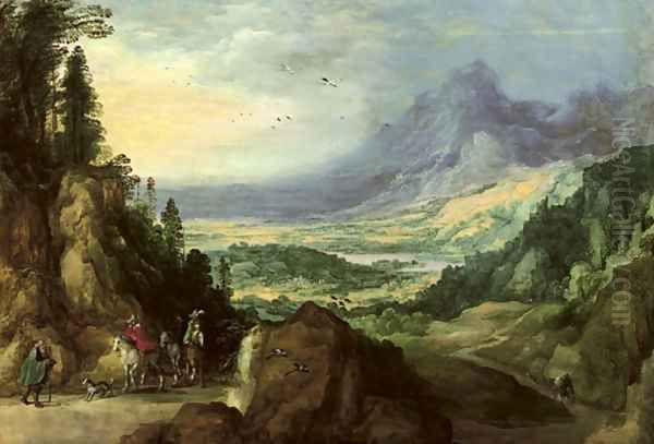 A mountainous landscape with horsemen meeting a beggar on a path, a lake in the distance - view 1