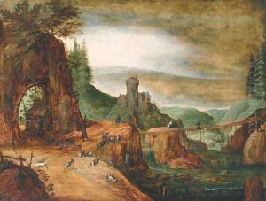 A rocky river landscape with peasants and their goats by a path, a fortified dwelling beyond by Josse de Momper