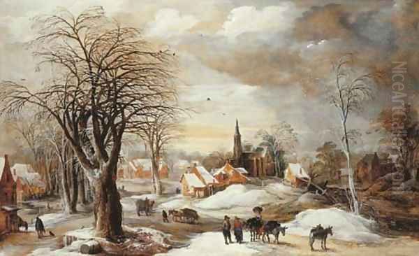 A winter landscape with a muleteer and villagers conversing by his train, travellers by a house and faggot-gatherers with their wagons on a path, a vi - view 1