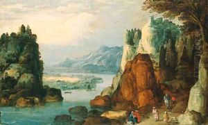 An Alpine landscape with travellers and gypsies on a path by Josse de Momper