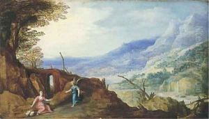 An extensive mountainous landscape with an angel appearing to Hagar by Josse de Momper